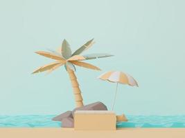 Representación 3d del podio de visualización mínimo abstracto para mostrar productos o presentación cosmética con escena de playa de verano. Hora de verano. foto