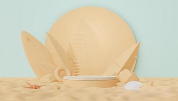 3d render of Abstract minimal  display podium for showing products or cosmetic presentation with summer beach scene. Summer time. photo