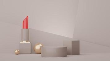3d Display Podium for product and cosmetic presentation with lipstick and modern geometric. Platform for mock up and showing brand. Minimal clean design. Rendering platform luxury scene. photo