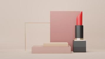 3d Display Podium for product and cosmetic presentation with lipstick and modern geometric. Platform for mock up and showing brand. Minimal clean design. Rendering platform luxury scene. photo