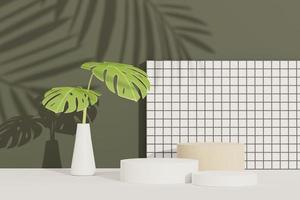 3d render of abstract pedestal podium display with terrazzo and Monstera leaves. Product and promotion concept for advertising. Green natural background. photo