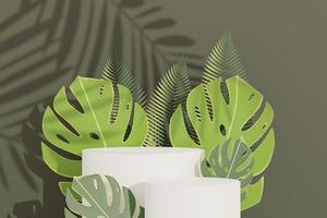 3d render of abstract pedestal podium display with terrazzo and Monstera leaves. Product and promotion concept for advertising. Green natural background. photo