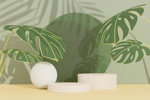 3d render of abstract pedestal podium display with terrazzo and shadow of leaves. Scene for present product promotion and beauty cosmetics. photo