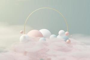 Render 3d de bola pastel, burbujas de jabón, manchas que flotan en el aire con nubes esponjosas y océano. tierra romántica de la escena de los sueños. cielo de ensueño abstracto natural. foto