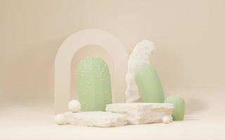 3d Mock up Brown cream podium with Cactus and Sands desert mini theme. Pedestal stage for product and cosmetic presentation. Abstract colorful scene for advertising. Sale promotion background. photo