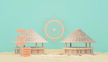 3d render minimal podium background for show and sales products. Hello Summer season scene design concept. Abstract Vacant pedestal for presentation and advertising. Beach Vacations in Summer. photo