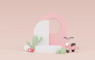 3d render of Abstract minimal  display podium for showing products, cosmetic presentation and mock up with Cactus trees. Showcase scene with pastel earth tone and tropical environment background. photo