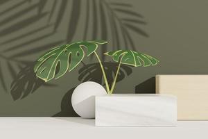 3d render of abstract pedestal podium display with terrazzo and Monstera leaves. Product and promotion concept for advertising. Green natural background. photo