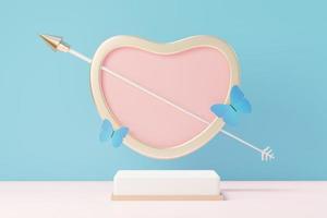 Representación 3D de escena dulce mínima con podio de visualización para maquetas y presentación de marca de producto. soporte de pedestal rosa para el tema del día de san valentín. lindo fondo de corazón encantador. estilo de diseño del día del amor. foto