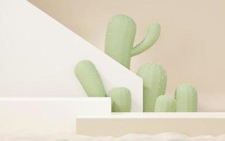 Podio de crema marrón simulado en 3d con mini tema de desierto de cactus y arena. pedestal para presentación de productos y cosméticos. escena colorida abstracta para publicidad. fondo de promoción de venta. foto