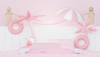 3d render minimal podium background for show and sales products. Hello Summer season scene design concept. Abstract Vacant pedestal for presentation and advertising. Beach Vacations in Summer. photo