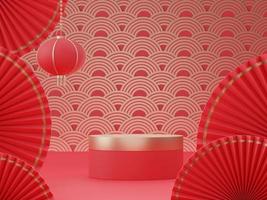 3d rendering of minimal scene of blank podium with Chinese lunar new year theme. Display stand for product presentation mock up. Chinese traditional texture. photo