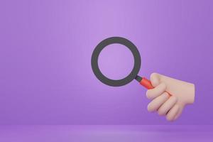 3D minimal cartoon style hand holding magnifying glass for searching object. Business idea concept. photo