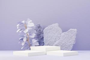 3d render of Beauty podium with Very Peri color of the year 2022 design for product presentation and advertising. Minimal pastel sky and Dreamy land scene. Romance concept. photo