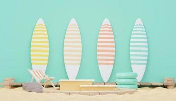 3d render minimal podium background for show and sales products. Hello Summer season scene design concept. Abstract Vacant pedestal for presentation and advertising. Beach Vacations in Summer. photo