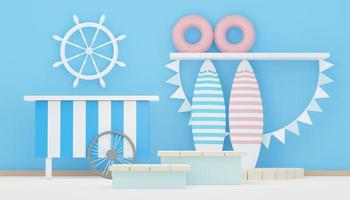 3d render Summer sale podium stand for showing product. Beach Vacations Scene in Summer for mock up. photo