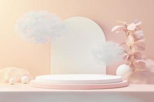 3d render of abstract pedestal podium display with Tropical leaves and coral pink pastel plant scene. Product and promotion concept for advertising. Blue pastel natural background. photo