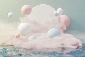 Render 3d de bola pastel, burbujas de jabón, manchas que flotan en el aire con nubes esponjosas y océano. tierra romántica de la escena de los sueños. cielo de ensueño abstracto natural. foto