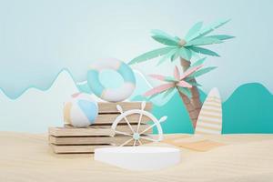 3d render soporte de podio de venta de verano para mostrar el producto. escena de vacaciones en la playa en verano para maquetas. foto