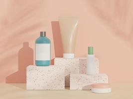 Presentación 3d de productos cosméticos para el cuidado de la piel en blanco o envases para maquetas. diseño de terrazo. jabón de belleza y concepto de spa. loción aceite humedad para la salud de la piel. diseño premium y de lujo para la marca. foto