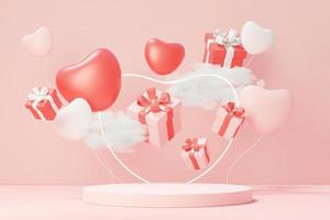 Representación 3D de escena dulce mínima con podio de visualización para maquetas y presentación de marca de producto. soporte de pedestal rosa para el tema del día de san valentín. lindo fondo de corazón encantador. estilo de diseño del día del amor. foto