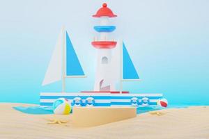 3d render Summer sale podium stand for showing product. Beach Vacations Scene in Summer for mock up. photo