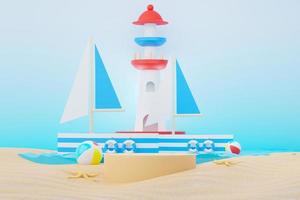 3d render soporte de podio de venta de verano para mostrar el producto. escena de vacaciones en la playa en verano para maquetas. foto