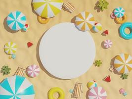 3d render top view of white blank cylinder frame for mock up and display products with summer beach scene and shadow of palm leaves. Summer time season background. photo