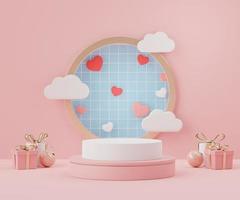 3d rendering of minimal scene of blank podium with Valentine's Day theme. Display stand for product presentation mock up. Cylinder stage in sweet lovely pink color with simple design. photo