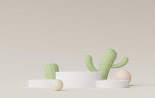 3d render of Abstract minimal  display podium for showing products, cosmetic presentation and mock up with Cactus trees. Showcase scene with pastel earth tone and tropical environment background. photo