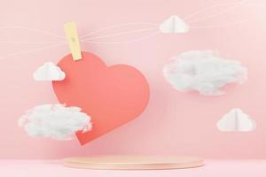 Representación 3D de escena dulce mínima con podio de visualización para maquetas y presentación de marca de producto. soporte de pedestal rosa para el tema del día de san valentín. lindo fondo de corazón encantador. estilo de diseño del día del amor. foto