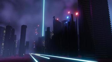 3d render of Cyber punk night city landscape concept. Light glowing on dark scene.  Night life. Technology network for 5g. Beyond generation and futuristic of Sci-Fi Capital city and building scene. photo