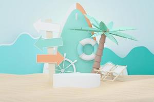 3d render soporte de podio de venta de verano para mostrar el producto. escena de vacaciones en la playa en verano para maquetas. foto