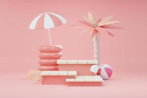 3d render Summer sale podium stand for showing product. Beach Vacations Scene in Summer for mock up. photo