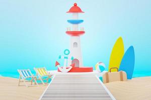 3d render Summer sale podium stand for showing product. Beach Vacations Scene in Summer for mock up. photo