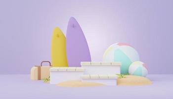 3d render Summer sale podium stand for showing product. Beach Vacations Scene in Summer for mock up. photo