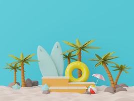 Representación 3d del podio de visualización mínimo abstracto para mostrar productos o presentación cosmética con escena de playa de verano. Hora de verano. foto