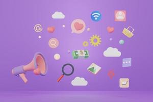 3d render megaphone with online media application and icon that floating around on purple background. photo