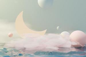 3d render of pastel ball, soaps bubbles, blobs that floating on the air with fluffy clouds and ocean. Romance land of dream scene. Natural abstract dreamy sky. photo