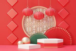 3d rendering of minimal scene of blank podium with Chinese lunar new year theme. Display stand for product presentation mock up. Chinese traditional texture. photo