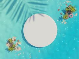 3d render top view of white blank cylinder frame for mock up and display products with summer beach scene and shadow of palm leaves. Summer time season background. photo