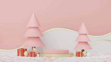 3d Display Podium for product and cosmetic presentation with Merry Christmas and Happy new year concept. Modern geometric. Platform for mock up and showing brand. Minimal clean design. photo