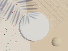 3d render top view of white blank cylinder frame for mock up and display products with shadows of palm leaves, earth tone, and terrazzo wall background. Creative idea concept. photo
