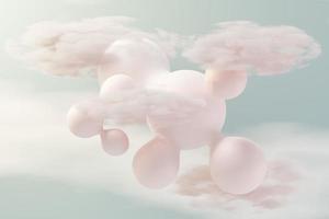 Render 3d de bola pastel, burbujas de jabón, manchas que flotan en el aire con nubes esponjosas y océano. tierra romántica de la escena de los sueños. cielo de ensueño abstracto natural. foto