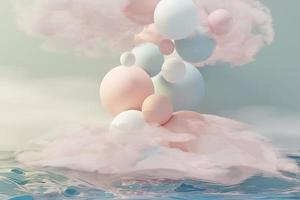 Render 3d de bola pastel, burbujas de jabón, manchas que flotan en el aire con nubes esponjosas y océano. tierra romántica de la escena de los sueños. cielo de ensueño abstracto natural. foto