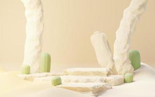 3d Mock up Brown cream podium with Cactus and Sands desert mini theme. Pedestal stage for product and cosmetic presentation. Abstract colorful scene for advertising. Sale promotion background. photo
