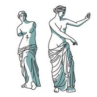 Set of two Ancient Greek female sculptures, statue of godess. Vector linear illustration with shadows isolated on white background. Trendy style with shading and color