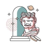 Psychedelic surreal concept with a colorful greek bust , ancient sculpture with arch and stars. Linear trippy vector illustration in trendy psychedelic style.