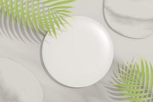 3d render top view of white blank cylinder frame for mock up and display products with shadows of palm and Monstera leaves. Creative idea concept. Green natural background. photo
