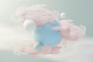 Render 3d de bola pastel, burbujas de jabón, manchas que flotan en el aire con nubes esponjosas y océano. tierra romántica de la escena de los sueños. cielo de ensueño abstracto natural. foto